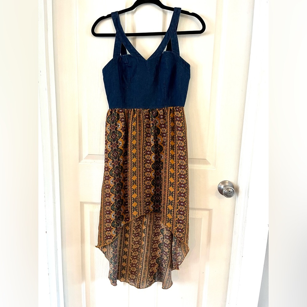 Blue denim top print bottom high-low dress by Event, juniors medium small EUC - Picture 3 of 16